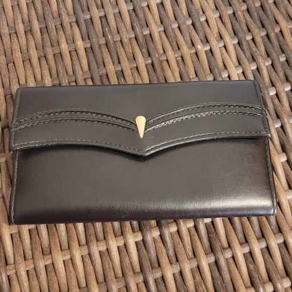 VINTAGE 1980s Roger Gimbel Accessories Black Vegan Leather Wallet 7"x4" Tri-Fold - Picture 1 of 7